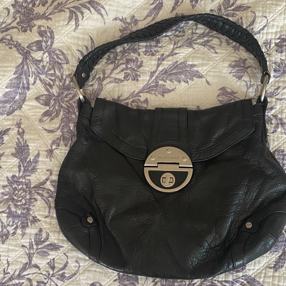 Elliott Lucca Black Leather Shoulder Bag with Braided Handle